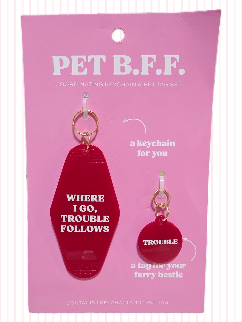 Pet B.F.F. - Red Keychain & Pet Tag Set - "Where I Go, Trouble Follows"